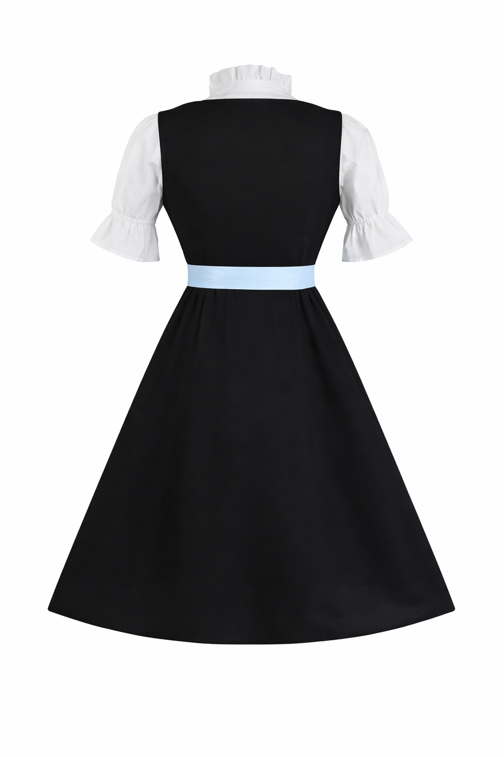 Black dirndl set back view with white ruffled blouse collar and light blue waist band