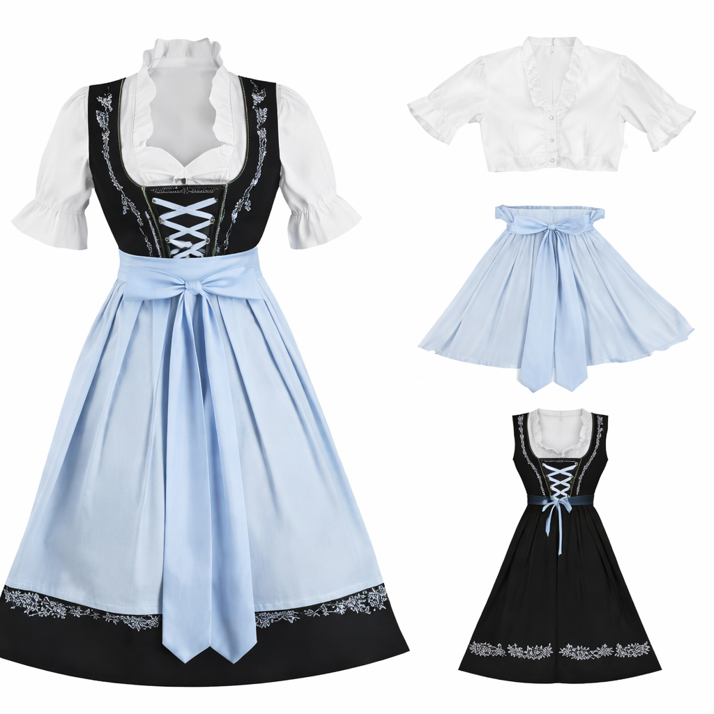 Dirndl set flat lay with white blouse, light blue apron and black embroidered dress