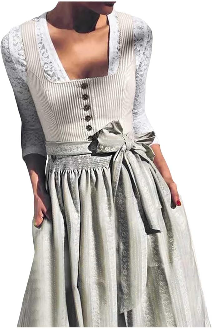 Detail of the buttoned striped bodice over a lace three-quarter-sleeve blouse, with the apron bow and gathered waistband.