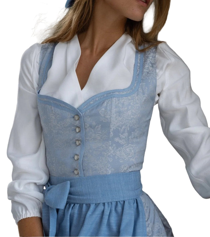 Women's blue floral dirndl set with apron, side view