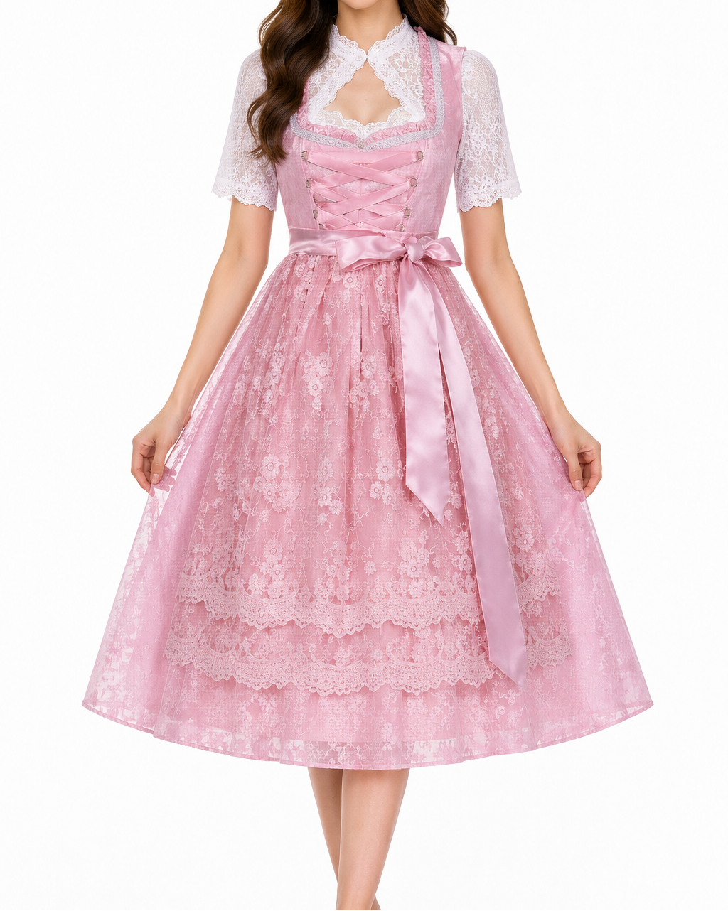 Pink dirndl with front lacing, a sheer floral lace apron with scalloped hem, a satin bow and a white lace blouse. 5
