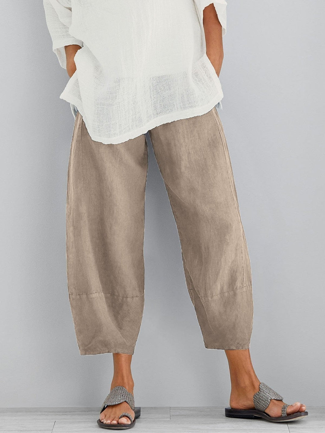 Khaki-beige cropped wide-leg pants, another view