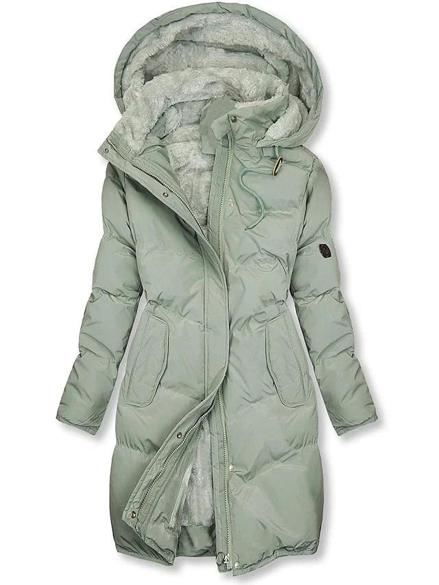 Pale sage green version of the quilted hooded coat, with light gray fleece lining showing in the hood and unzipped front. 2