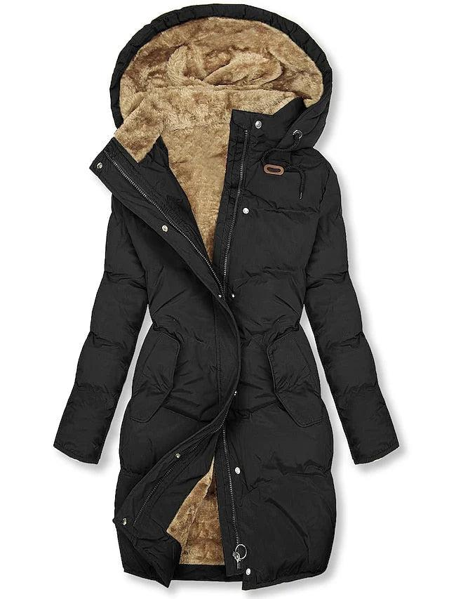 Black version of the quilted hooded coat, unzipped to show the warm camel-colored fleece lining inside the hood and body. 3