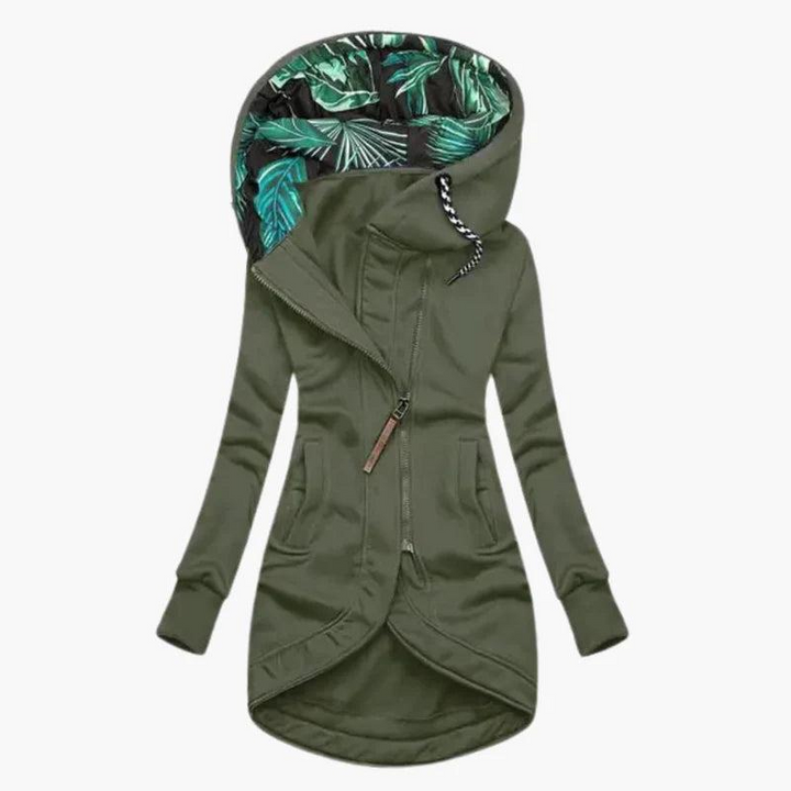 Olive green version of the jacket, front view, with leaf-print hood lining, braided drawstrings, asymmetric zipper and ribbed cuffs.
