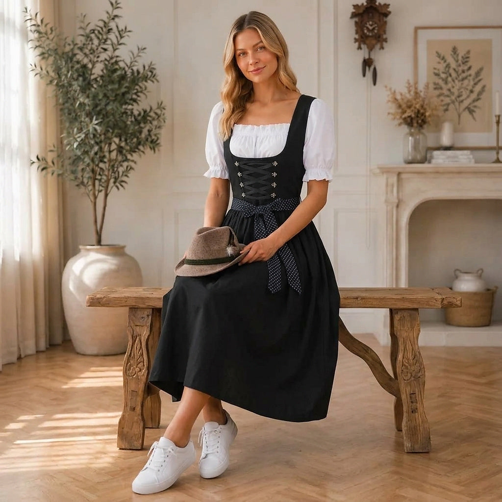 Black midi dirndl dress another view with a polka-dot bow and feathered felt hat