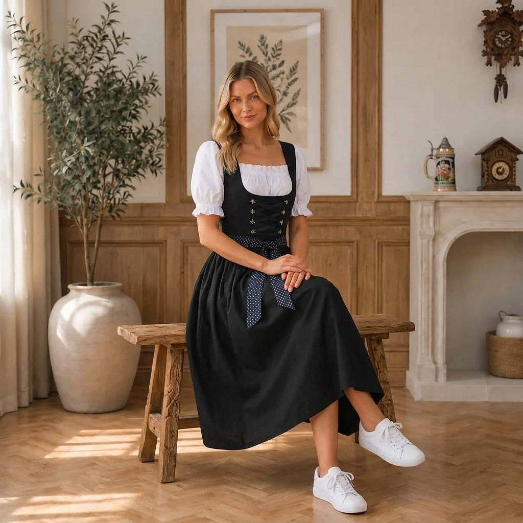 Black midi dirndl dress detail with flared skirt, lace-up bodice and white sneakers
