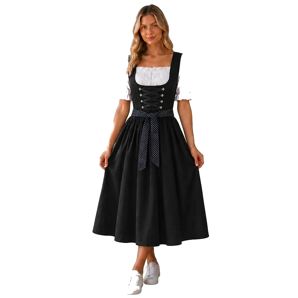Black midi dirndl dress with a white blouse and polka-dot waist bow on a model