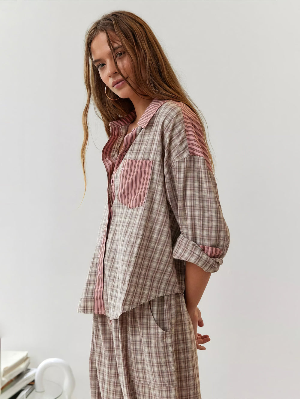 Plaid pajama set with striped collar, yoke and pocket, another view.