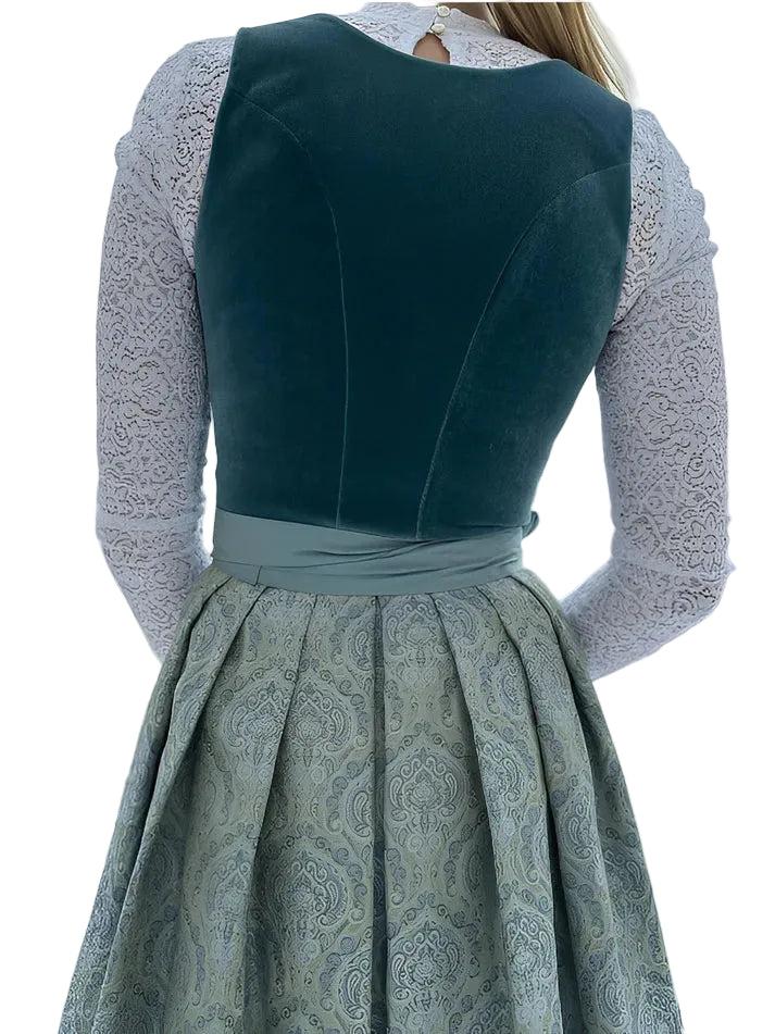 Women's traditional midi dirndl dress another view of the back with a white lace blouse and green skirt.
