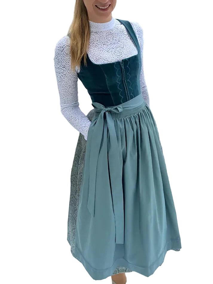 Women's traditional midi dirndl dress with a light green apron and teal bodice, front view.