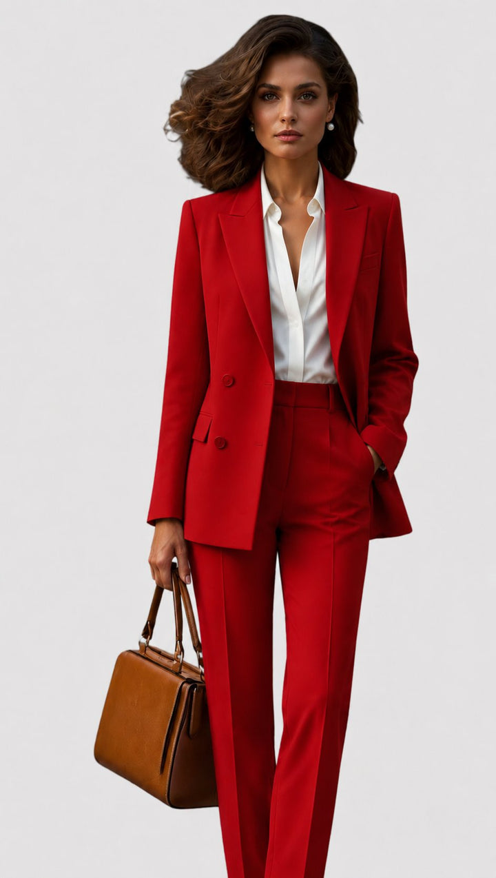 Model in a bright red double-breasted blazer with peak lapels and matching high-waisted pants, holding a tan bag 3