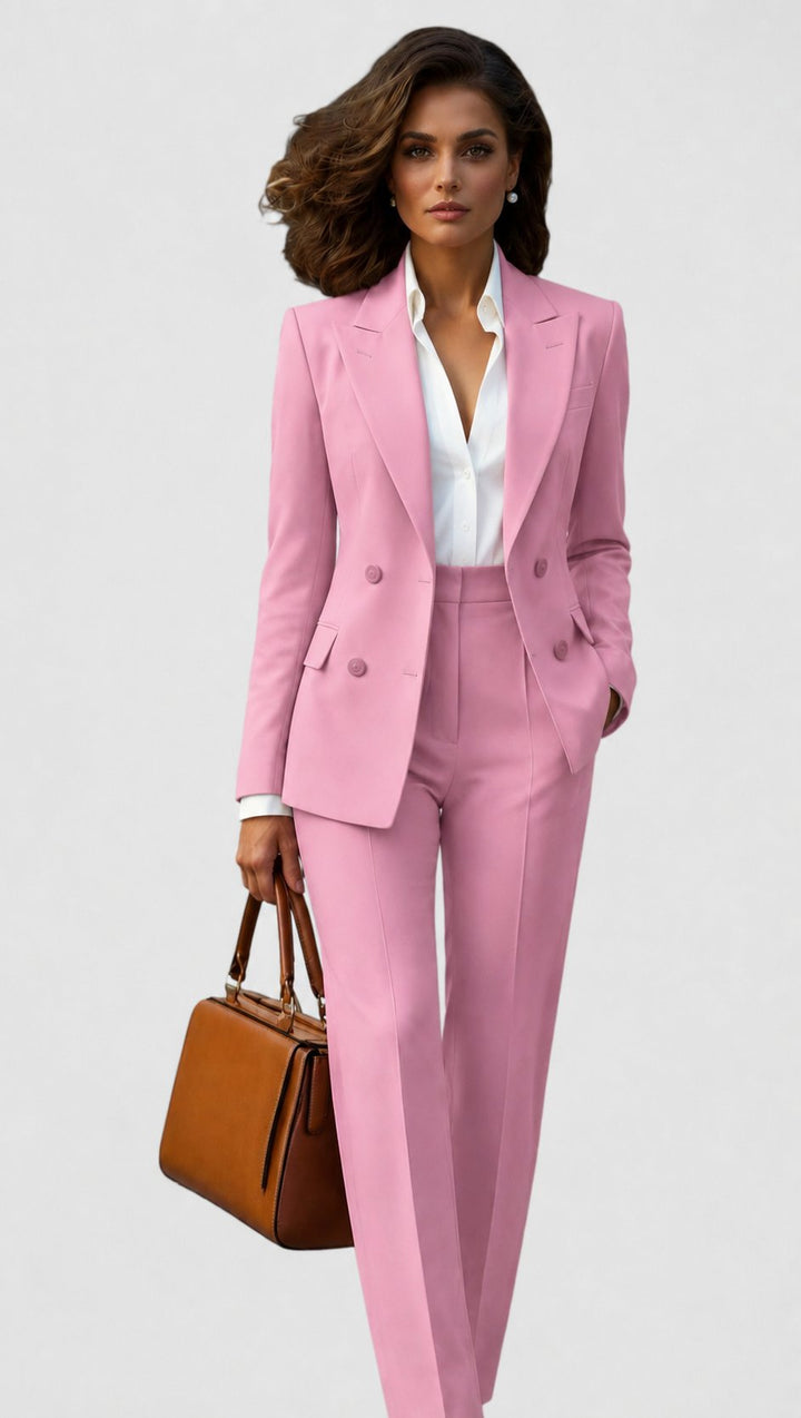 Model in a pink double-breasted blazer with peak lapels and matching pants, white collared shirt, tan handbag 5