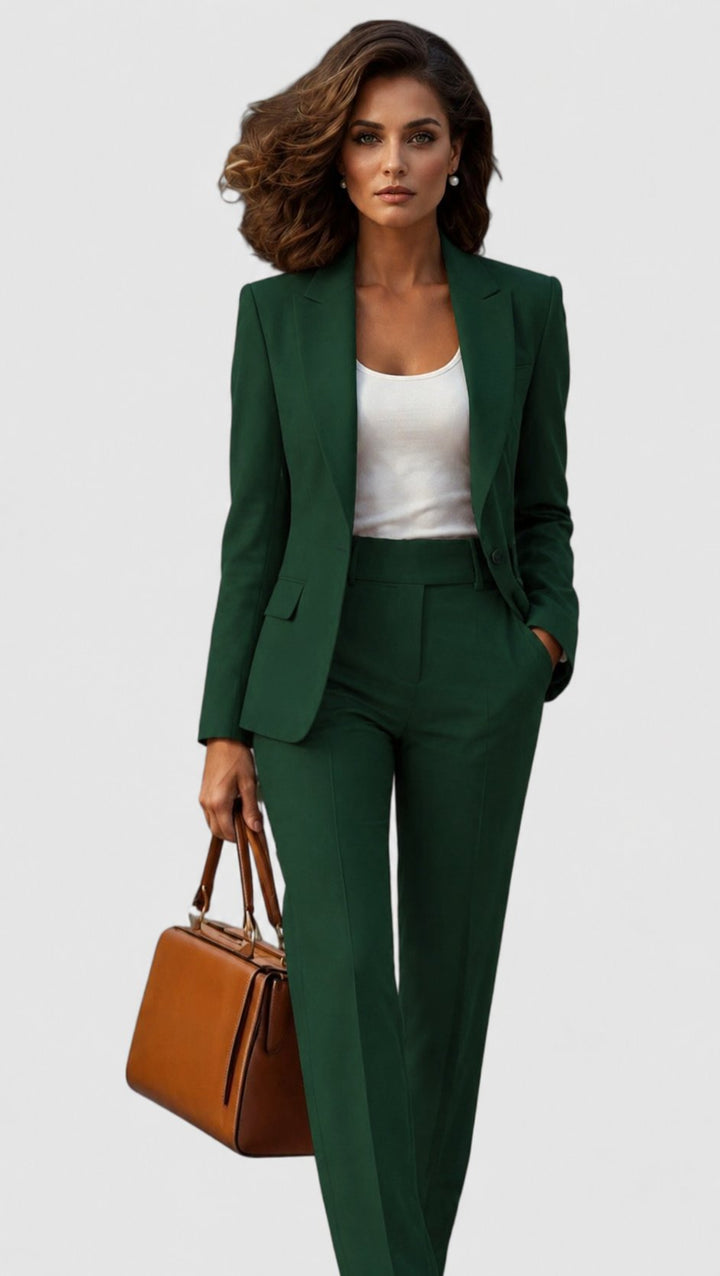 Model in a dark green single-breasted blazer and high-waisted pants over a white tank top, carrying a tan bag 8