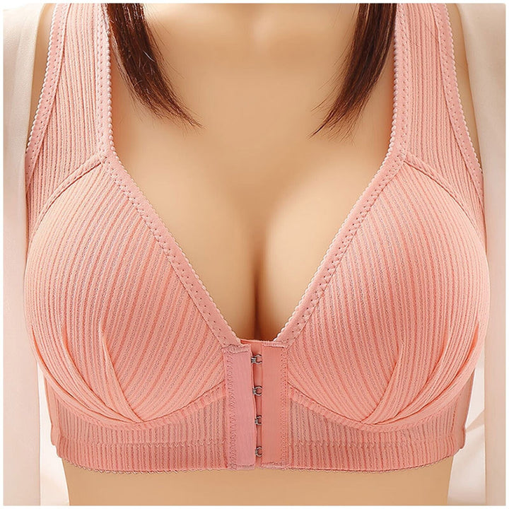 Damen-BH rosa, nahtlos, V-Ausschnitt, vordere Haken, bequem, Unterwäsche, Mode.