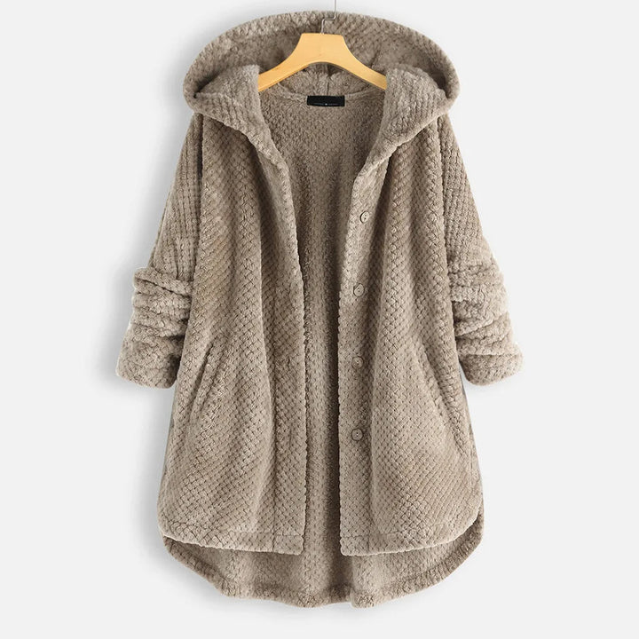 Damen Teddyjacke mit Kapuze, beige, kuschelig, warm, Wintermode, Knopfleiste, Taschen.