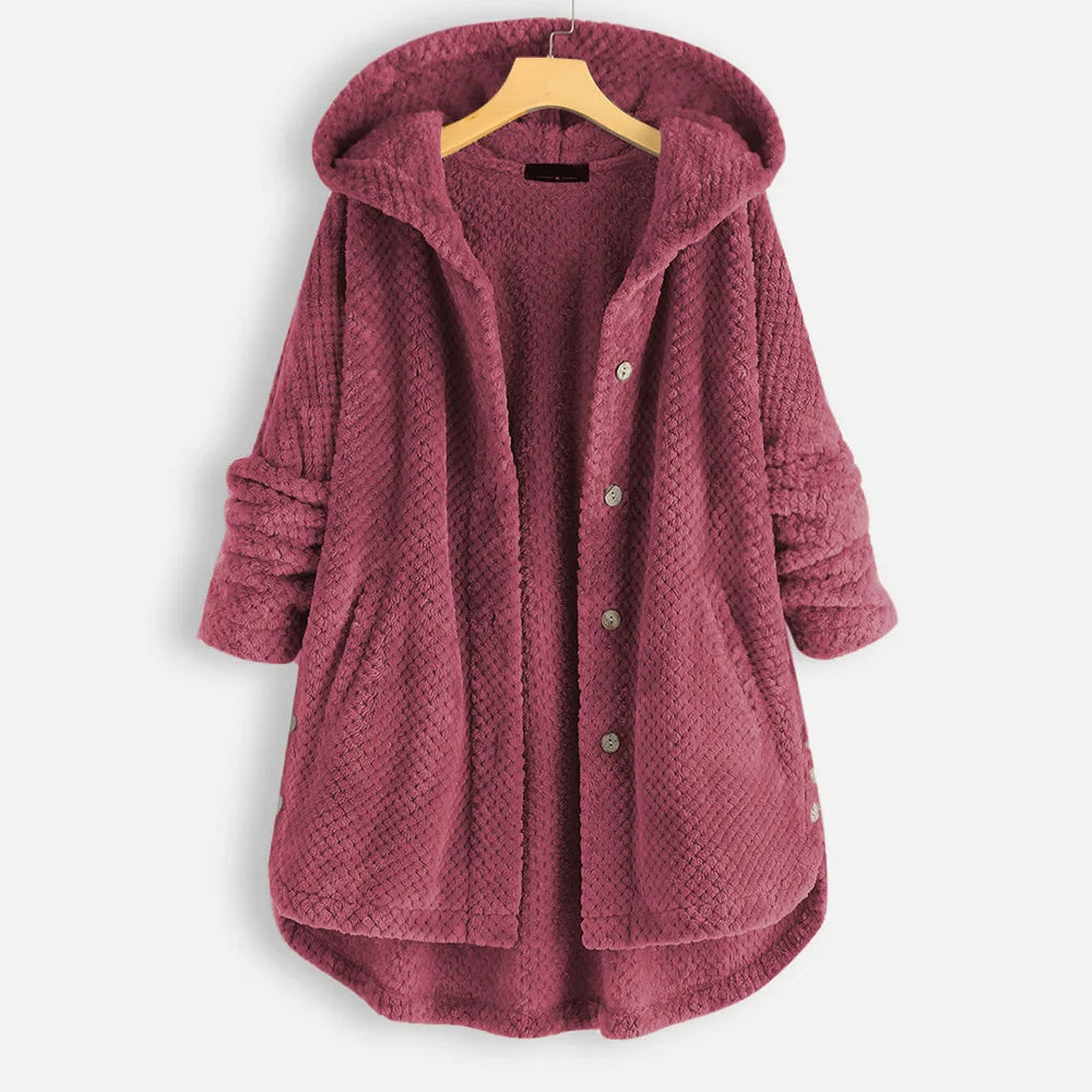 Damen Fleecejacke mit Kapuze, rosa, Knöpfe, warm, gemütlich, Wintermode, Freizeitkleidung.