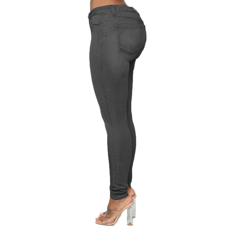 Damen-Jeans, dunkelgrau, Skinny-Fit, hohe Taille, elastisch, modisch, seitliche Ansicht.
