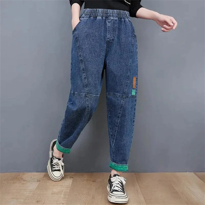 Damen-Jeanshose, blau, lässig, elastischer Bund, Taschen, Streetwear, Mode.