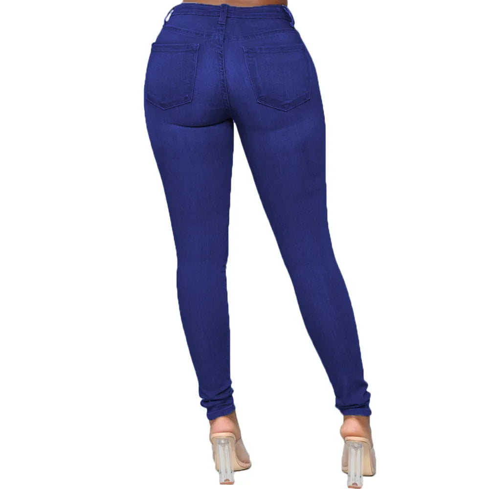 Damen-Jeans in Dunkelblau, Skinny-Fit, hohe Taille, elastischer Denim, modisch, bequem.