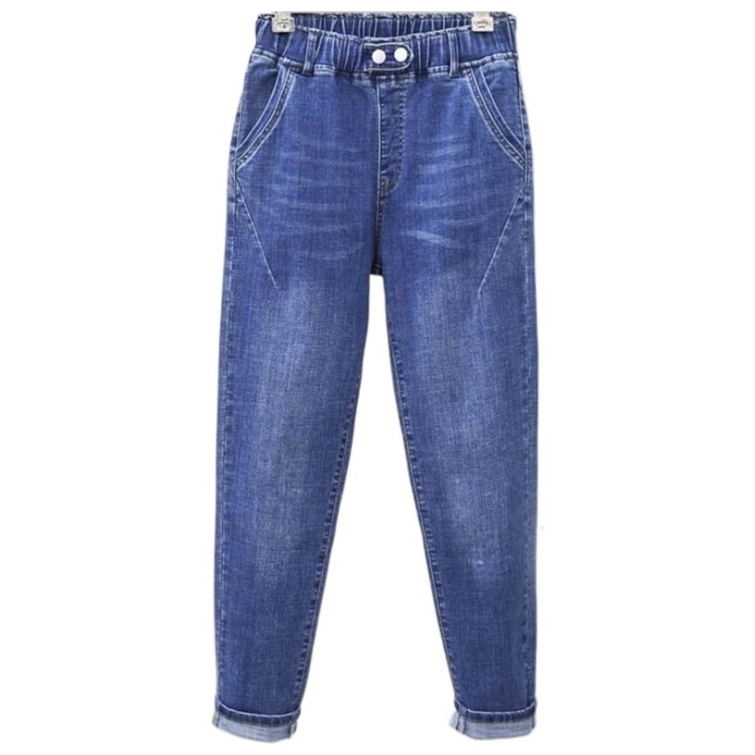 Blaue Damenjeans mit elastischem Bund, hoher Taille und Taschen, modisch und bequem.