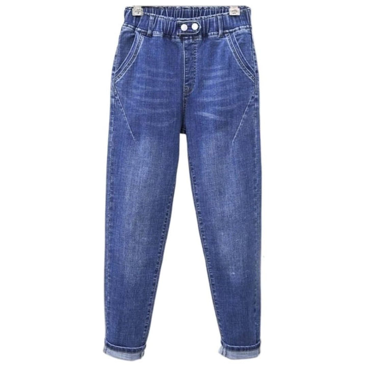 Blaue Damenjeans mit elastischem Bund, hoher Taille und Taschen, modisch und bequem.