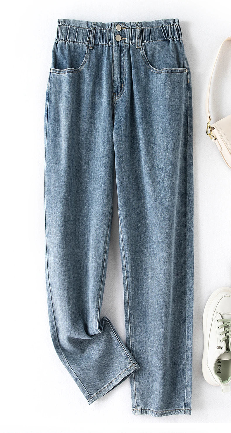 Damen-Jeanshose, blau, elastischer Bund, lässig, Denim, modisch, bequem, Alltagskleidung.