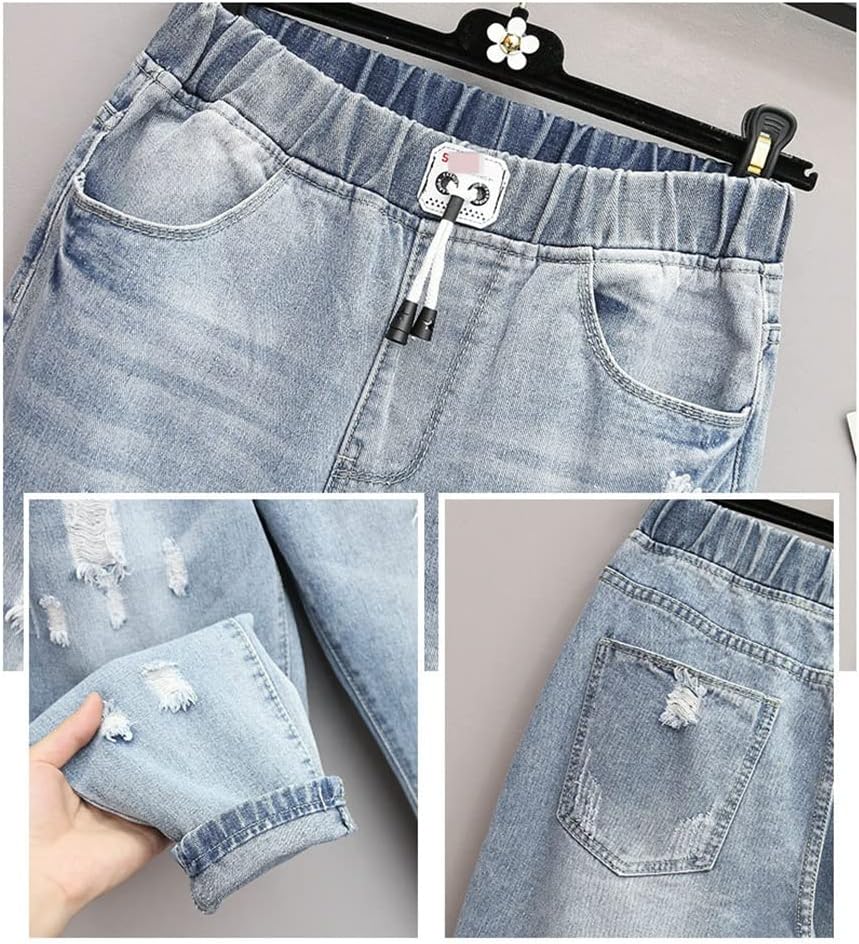 Hellblaue Jeans mit elastischem Bund, Kordelzug und Taschen, lässiger Stil, Damenmode.