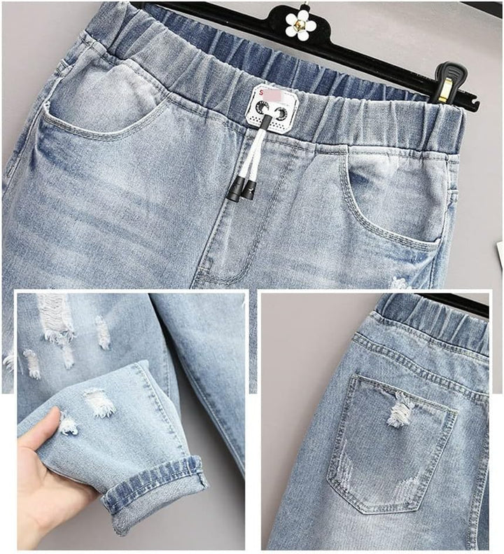 Hellblaue Jeans mit elastischem Bund, Kordelzug und Taschen, lässiger Stil, Damenmode.