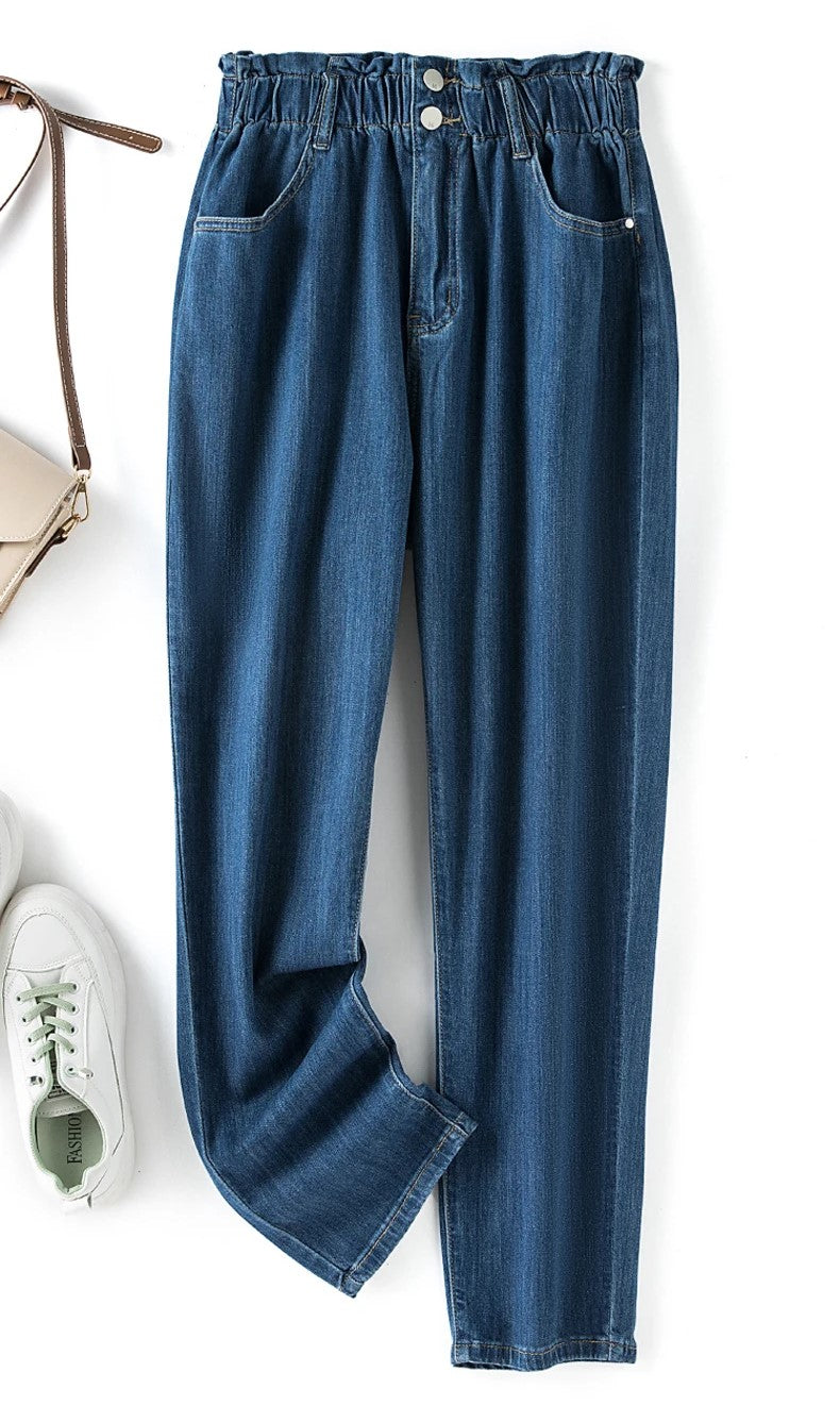Damen-Jeanshose, blau, elastischer Bund, lässig, modisch, aus Denim, mit Taschen.