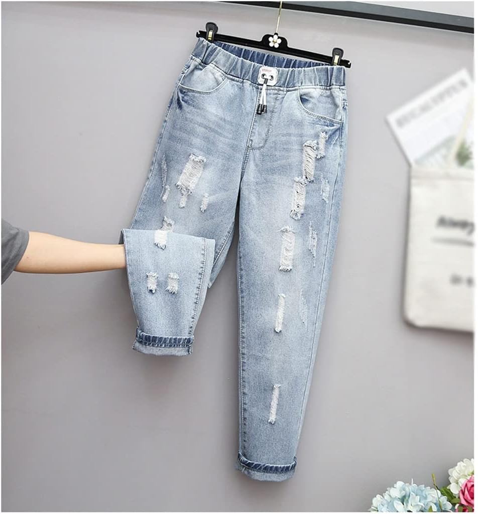 Damen Boyfriend Jeans, hellblau, zerrissen, lässig, Denim, modisch, elastischer Bund.