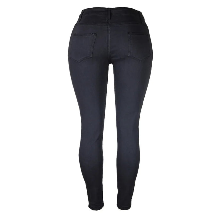 Schwarze Damen-Jeans, hohe Taille, Skinny-Fit, Rückansicht, modisch, bequem.