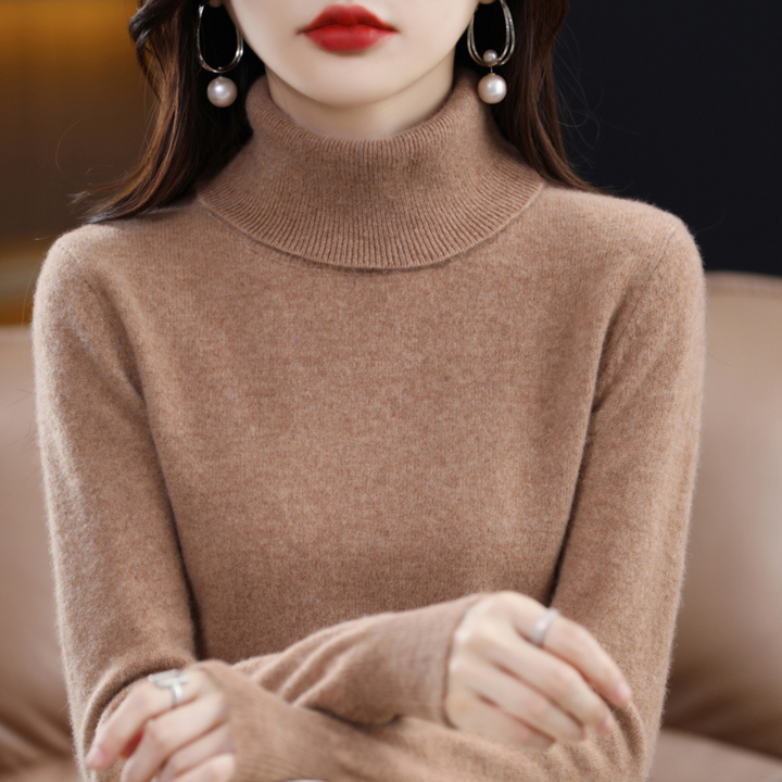 Camel brown turtleneck sweater another view.