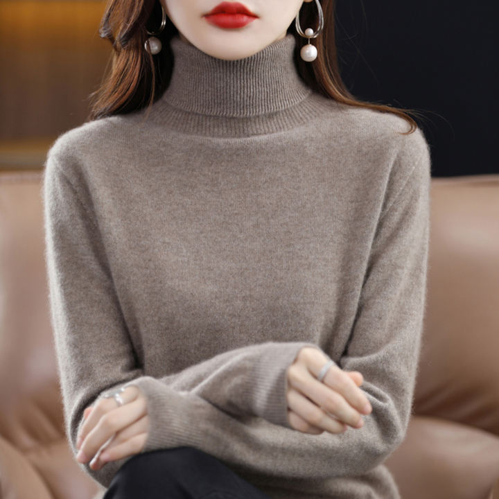 Taupe turtleneck sweater another view.