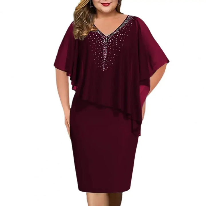 Damenkleid bordeaux, V-Ausschnitt, Pailletten, elegantes Abendkleid, knielang, festlich.