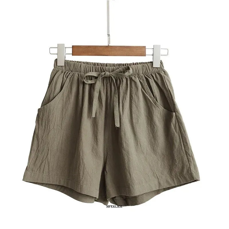 Damen-Shorts aus Leinen in Khaki mit elastischem Bund und Taschen, Sommermode.