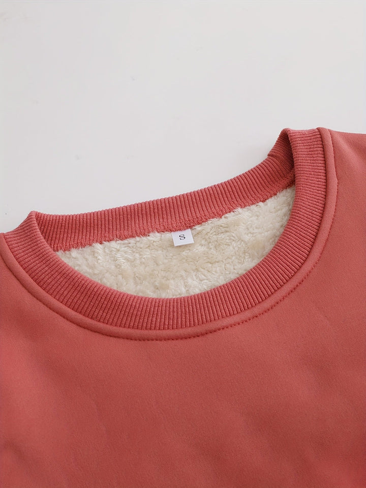 Roter Damenpullover mit Fleecefutter, Rundhalsausschnitt, weiches Material, Wintermode.