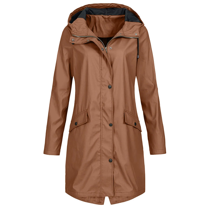 Brauner Damen-Regenmantel mit Kapuze, wasserdicht, modisch, Outdoor-Bekleidung.
