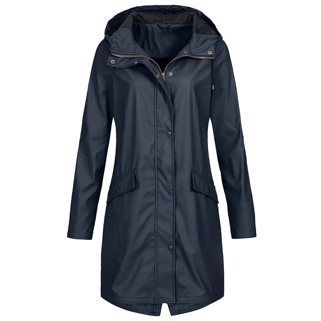 Damen Regenmantel, dunkelblau, wasserdicht, Kapuze, Outdoor-Bekleidung, modisch, funktional.