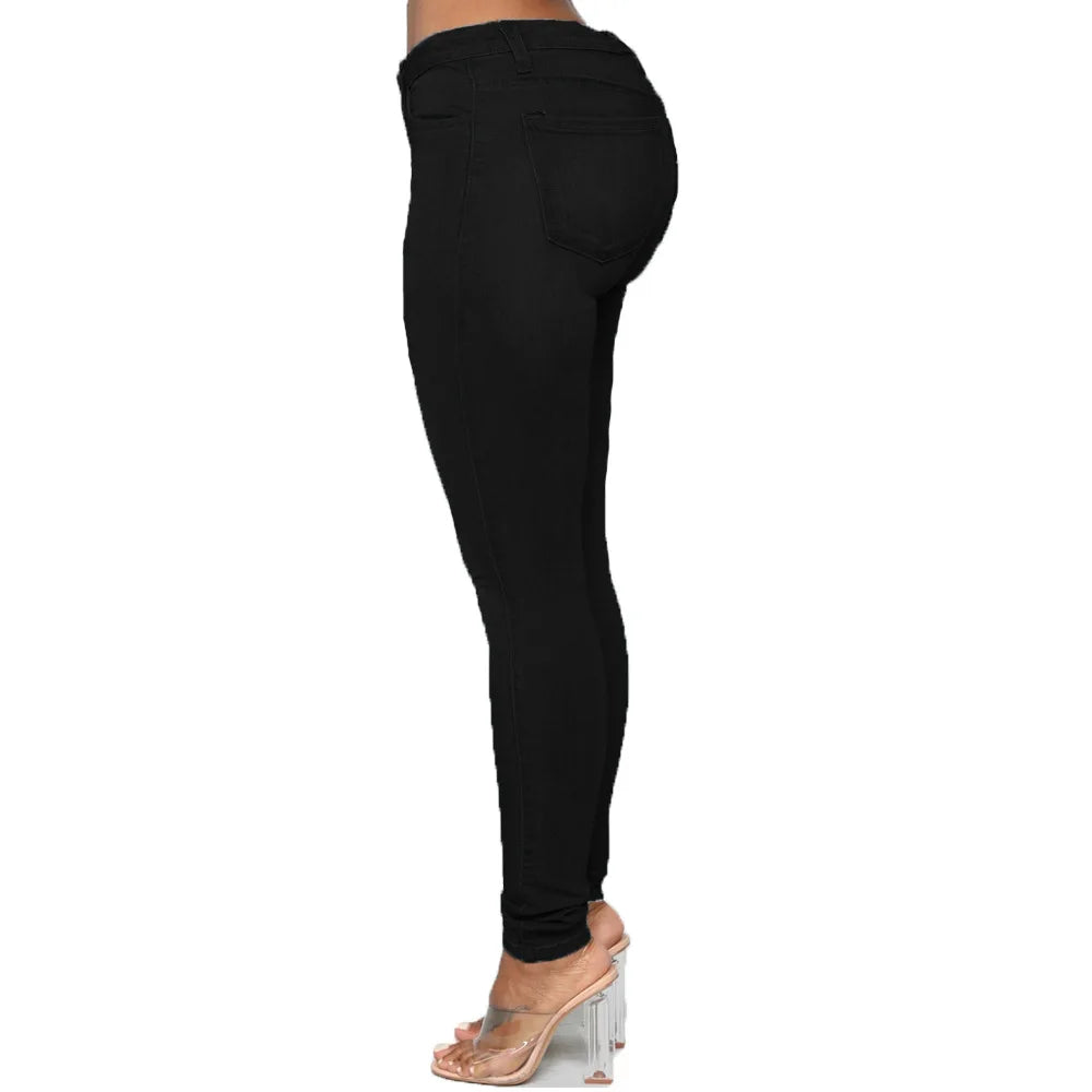 Schwarze Damen-Jeans, Skinny-Fit, hohe Taille, seitliche Ansicht, modisch, bequem.