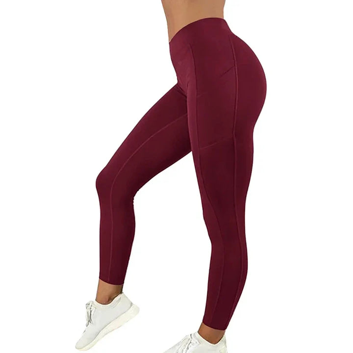 Damen Sportleggings burgundy, hohe Taille, elastisch, für Fitness und Yoga.
