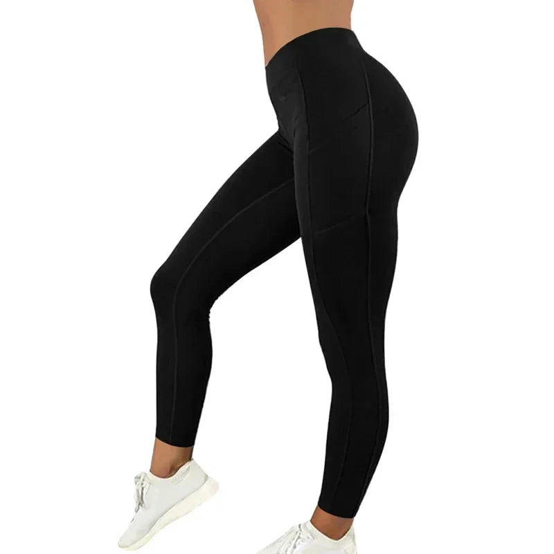 Schwarze Damen-Leggings, hoch tailliert, Sportbekleidung, elastisch, bequem, Fitnessmode.