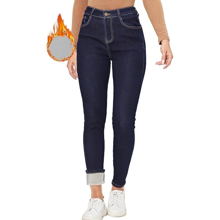 Damen Thermo-Jeans, dunkelblau, hohe Taille, warm, Wintermode, bequem, figurbetont.
