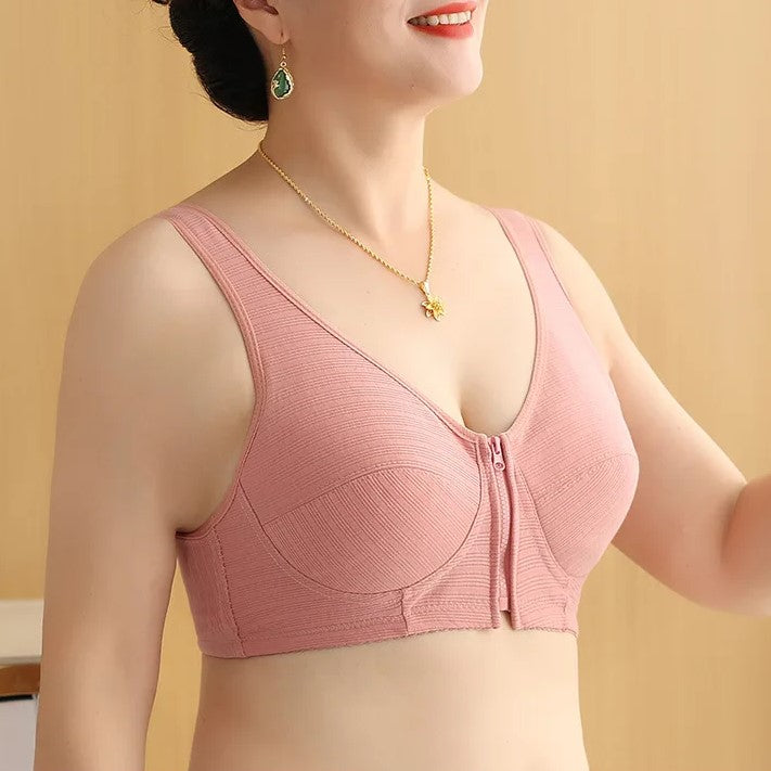 Damen-BH ohne Bügel, rosa, Reißverschluss vorne, bequem, stützender Baumwollstoff.