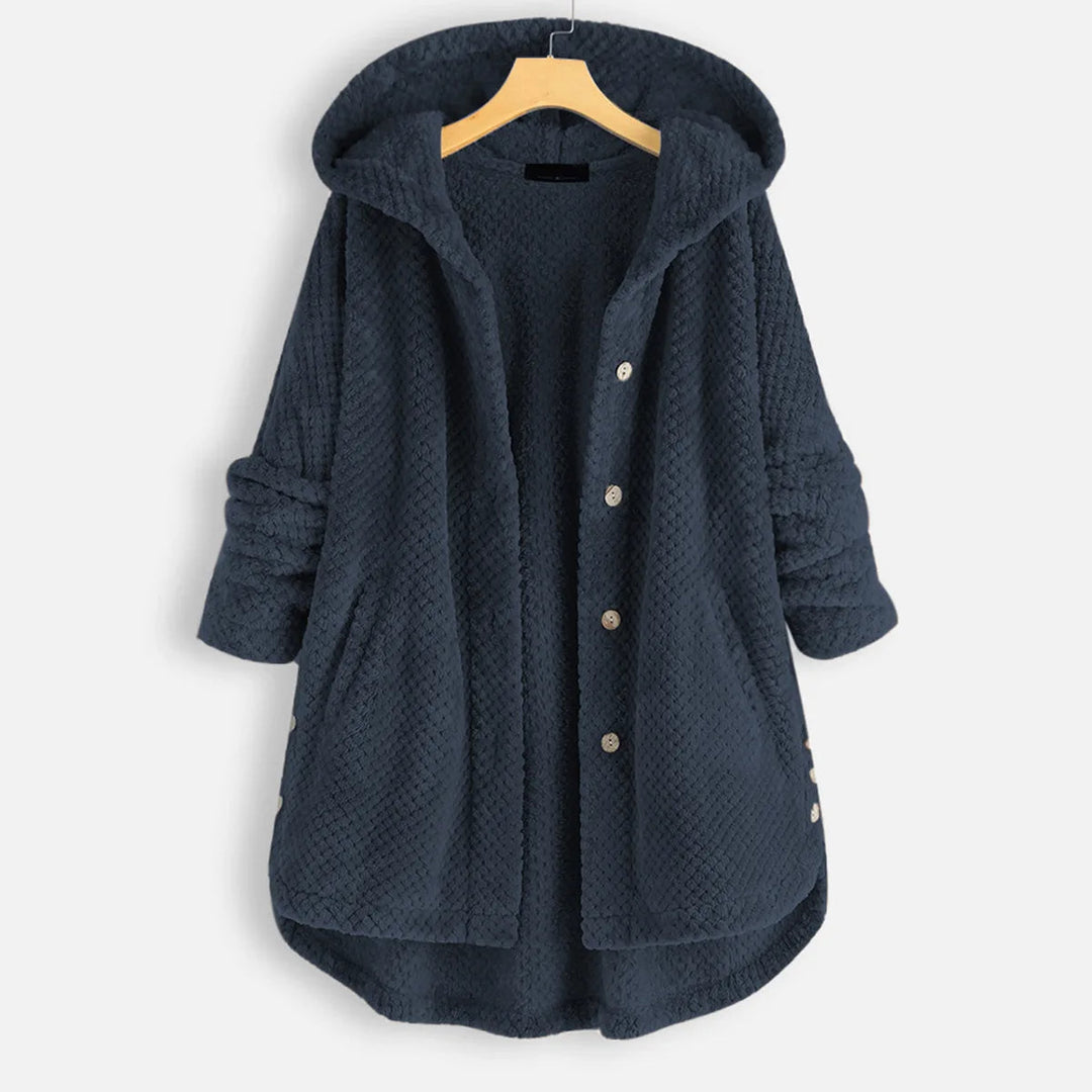 Dunkelblauer Damen-Fleece-Mantel mit Kapuze, Knöpfen und Taschen, gemütlich und warm.