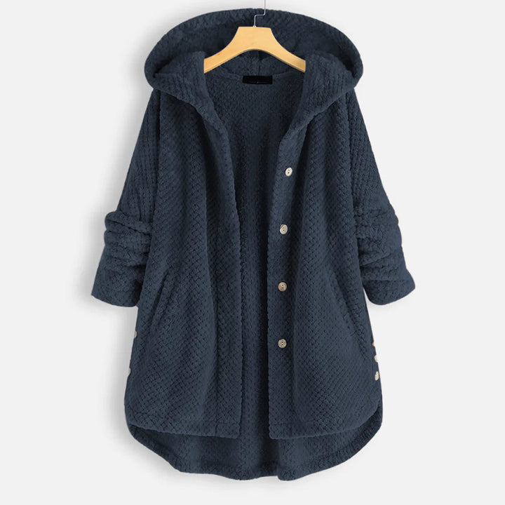 Dunkelblauer Damen-Fleece-Mantel mit Kapuze, Knöpfen und Taschen, gemütlich und warm.