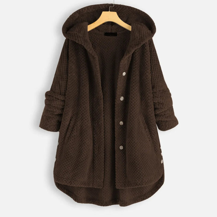 Brauner Damen-Fleece-Mantel mit Kapuze, Knöpfen und Taschen, gemütlich und warm.