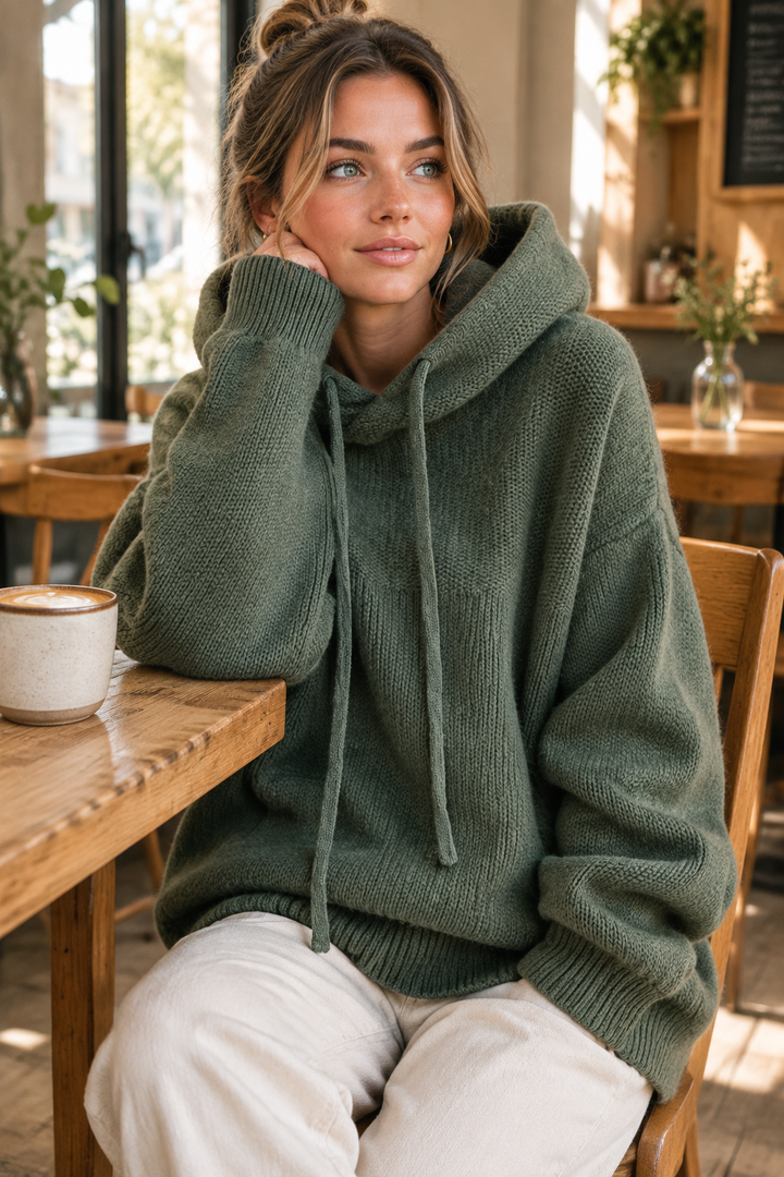 Woman in a green hooded knit sweater and cream pants resting her chin on her hand at a café table 1