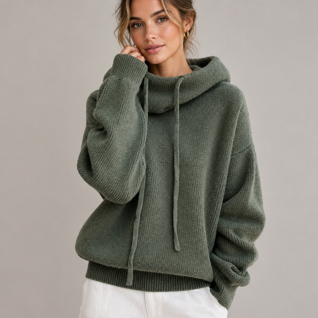 Smiling model in a green knit hooded sweater with drawstrings, hand at her cheek, white pants 1