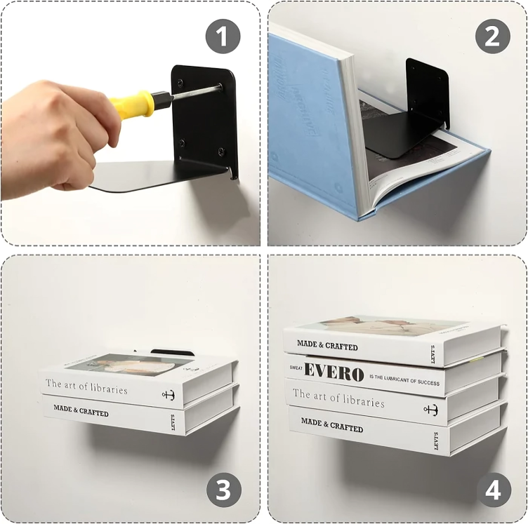 Black floating book shelf detail showing a four-step installation guide